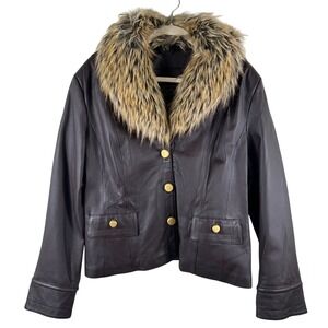 Vtg Terry Lewis Leather Jacket Womens Petite L Brown Removable Faux Fur Collar